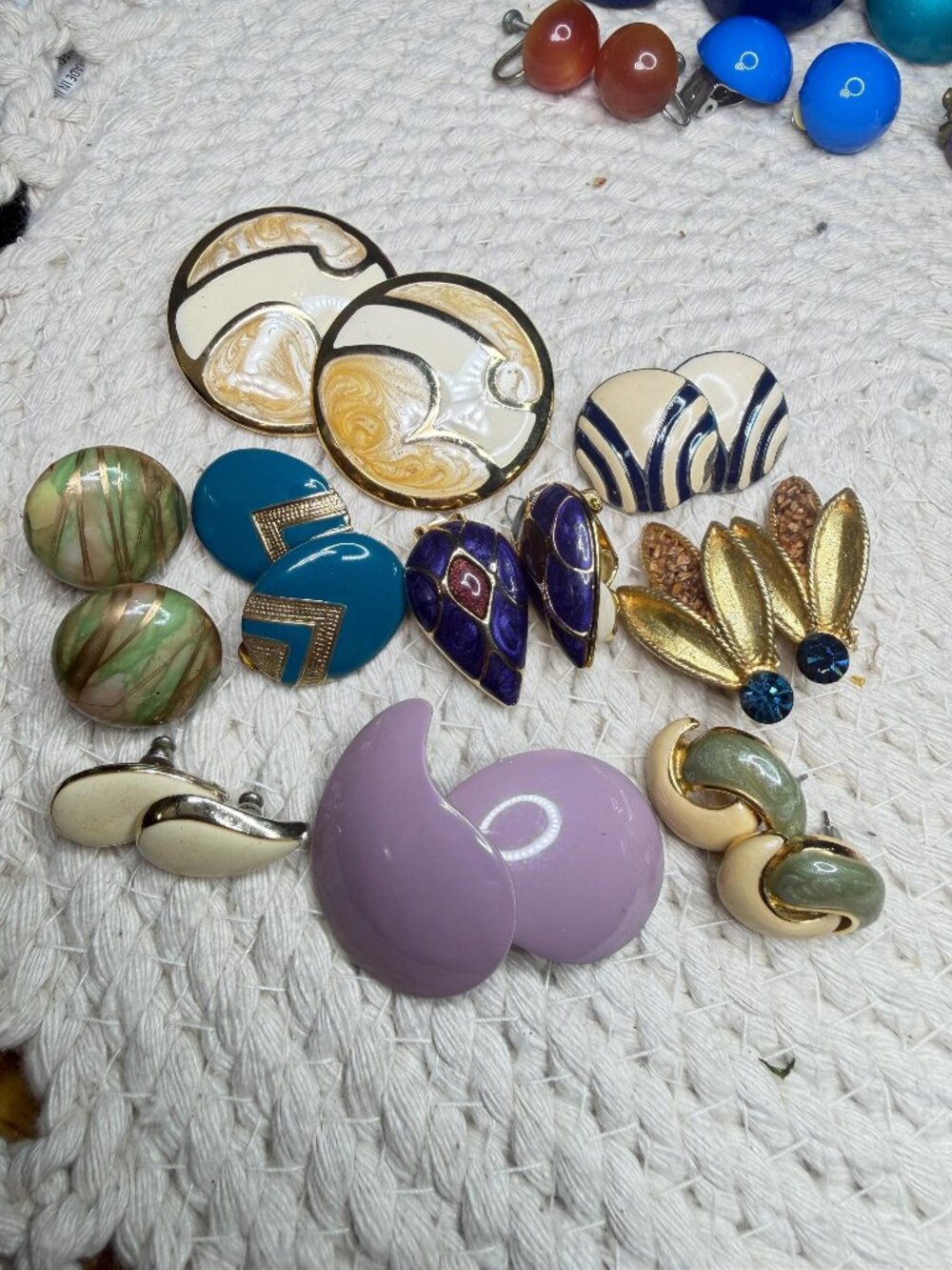 Retro Statement Earrings Lot 9 Pairs Enamel Colorful Pierced Clip On